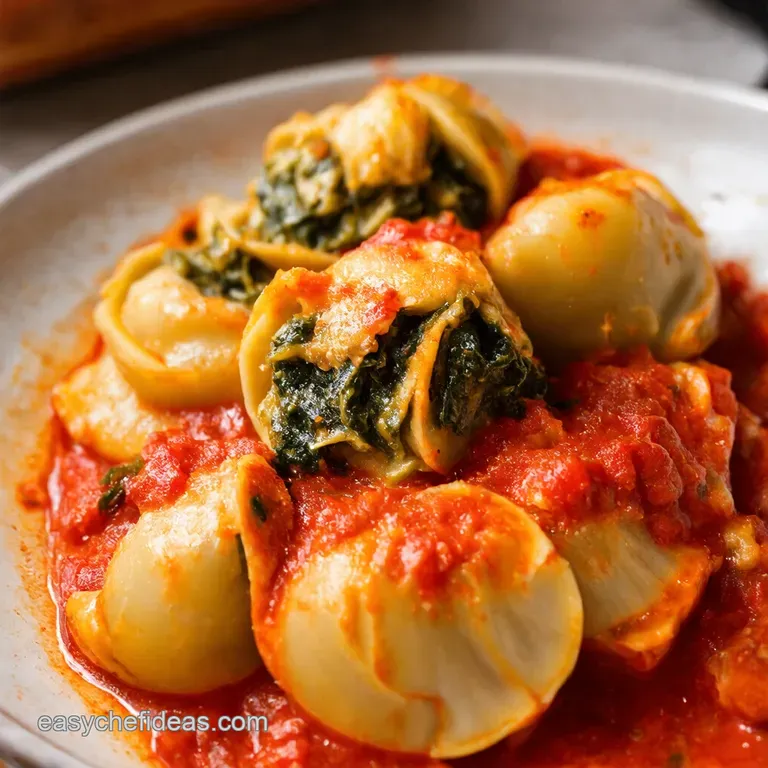 Spinach and Ricotta Stuffed Shells with Roasted Red Pepper Sauce presentation