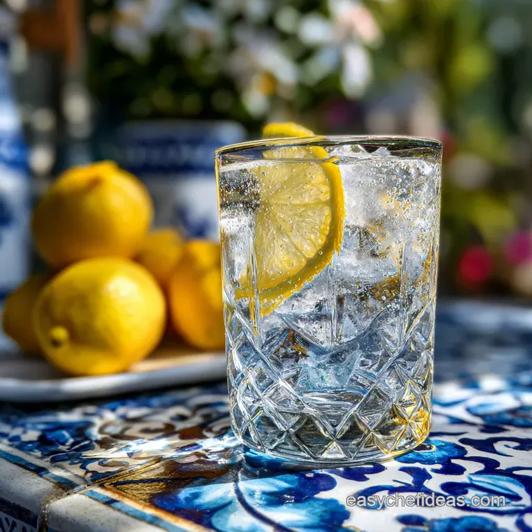 Elegant St. Germain spritz in a stemmed glass, garnished with a lemon twist and edible flower, reflecting light with tiny ...