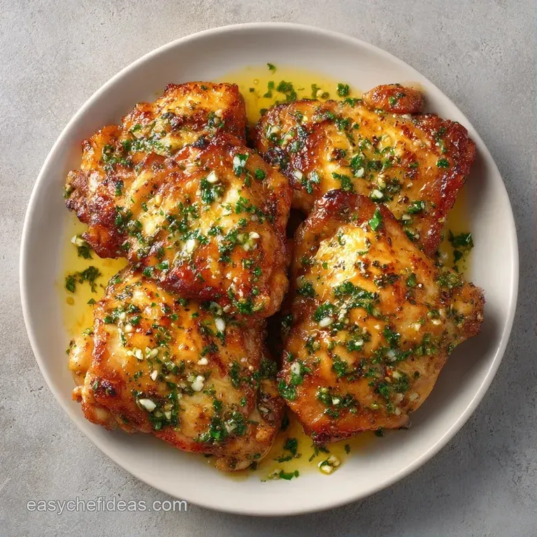 Golden seared chicken thighs on a white ceramic plate, drizzled with garlic butter and topped with fresh parsley.