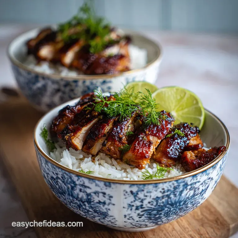 Elegant plating of sticky chicken. Juicy, glazed chicken thighs sit next to a scoop of rice garnished with fresh cilantro ...