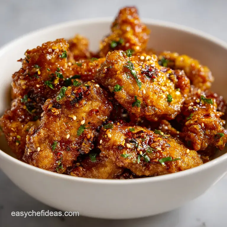 Neatly arranged chicken tenders with a glossy, caramelized coating on a rustic wooden board, garnished with sesame seeds.