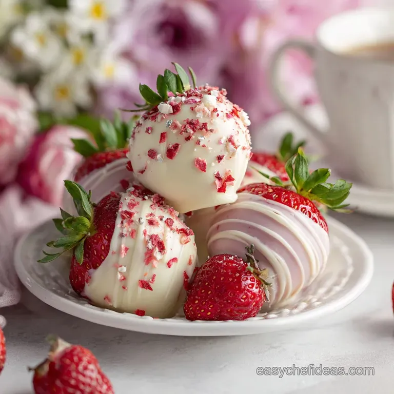 Elegant tower of pink strawberry cake truffles drizzled with white chocolate, showcased against a soft, diffused background.