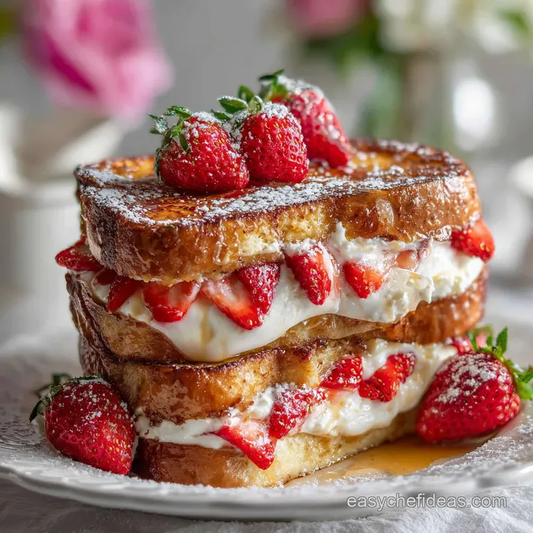 Elegant plate with stacked, golden French toast triangles, dusted with powdered sugar, and adorned with fresh strawberry s...