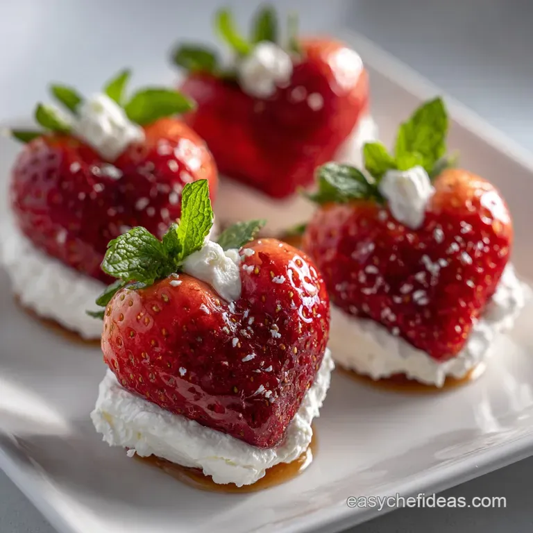 Crispy baked pastry, beautifully displayed on a plate with juicy, bright red strawberry hearts. A sweet and inviting treat.