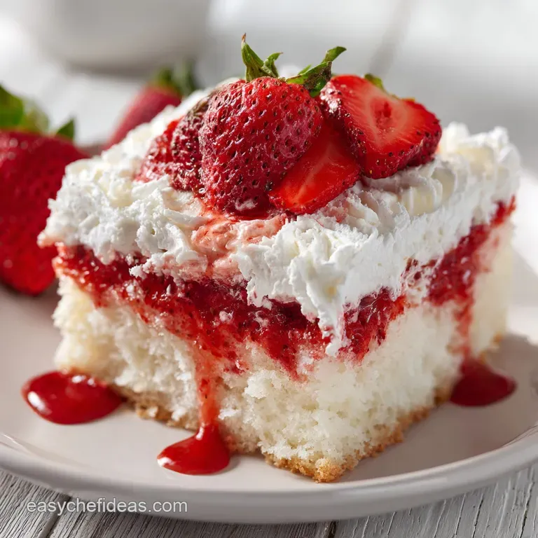 A slice of moist strawberry poke cake on a white plate, adorned with fresh strawberries and a dusting of powdered sugar.
