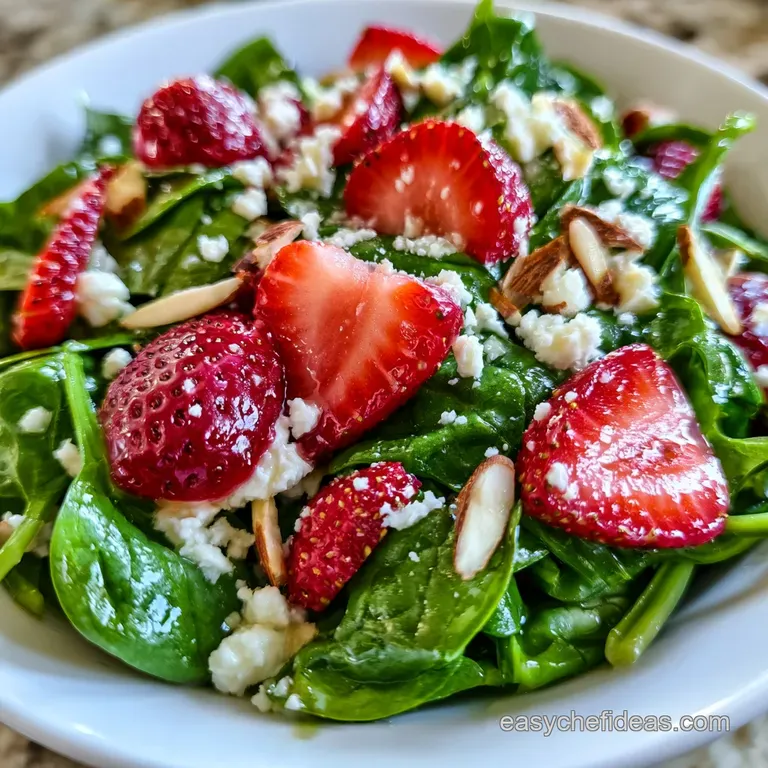 Elegant arrangement of baby spinach, sliced strawberries, and toasted pecans on a minimalist matte ceramic plate.