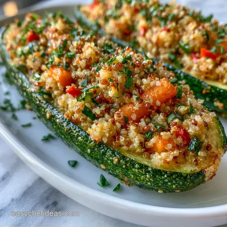 Two roasted zucchini shells filled with colorful grains on a matte ceramic plate with a side of lemon wedges