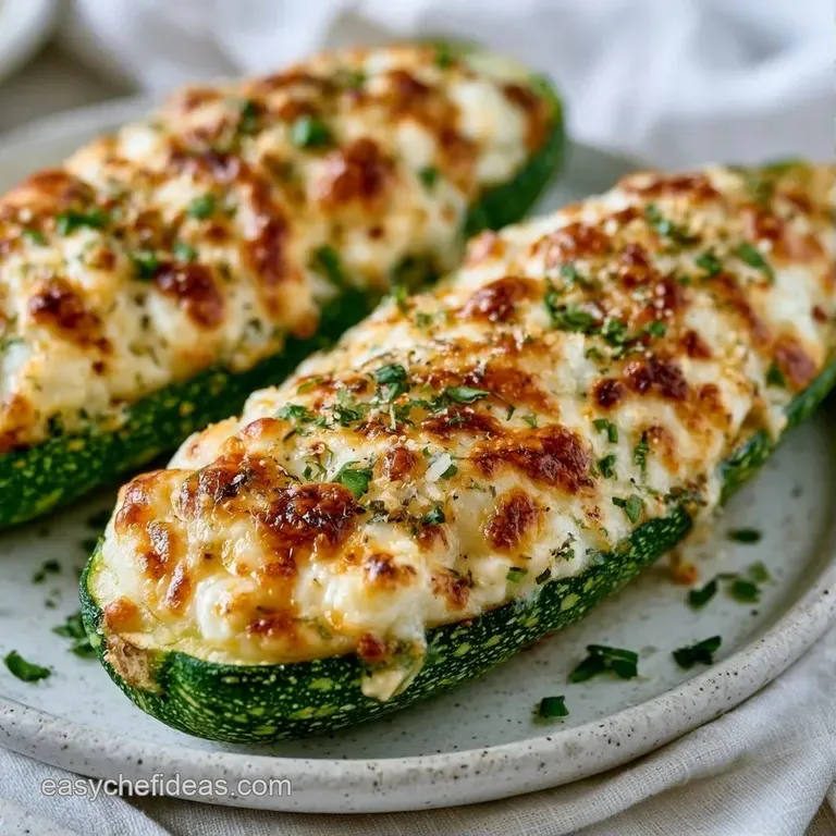Three roasted zucchini halves on a white platter, topped with melted mozzarella and a sprinkle of fresh green parsley.