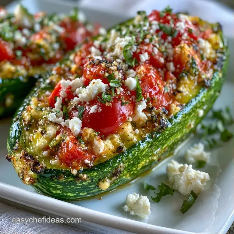 Four halved zucchinis filled with seasoned meat and melted mozzarella, served on a rustic wooden board