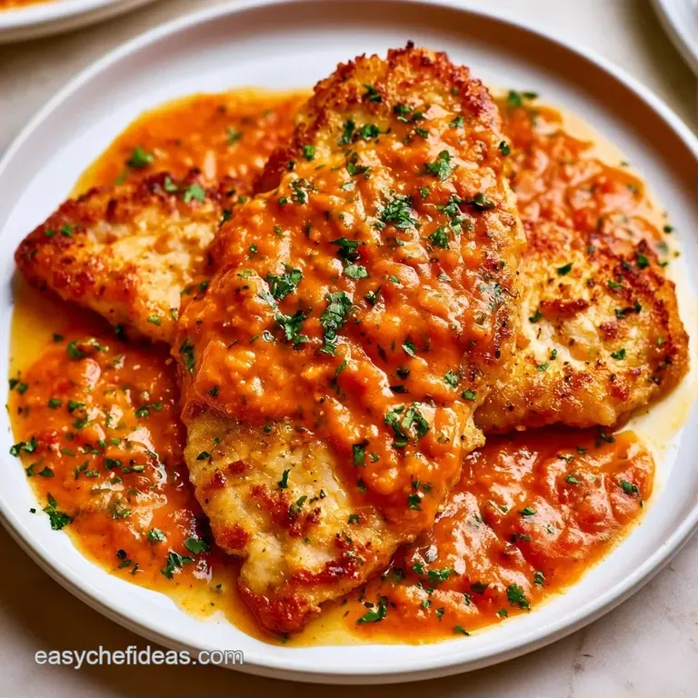 Elegant plating of seared chicken slices over a creamy orange sauce, accented with vibrant green herb garnishes.