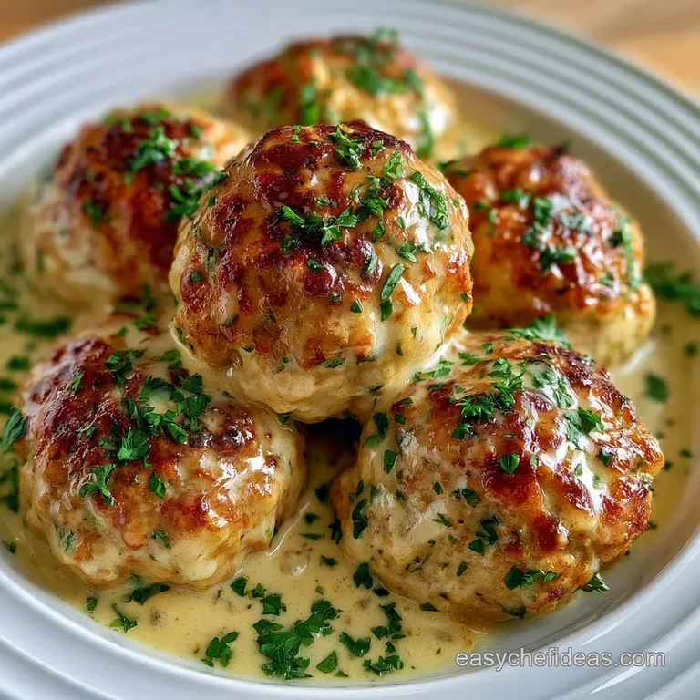 Saut&eacute;ed brown meatballs drizzled in velvet gravy on a white ceramic plate with a sprig of fresh green parsley.