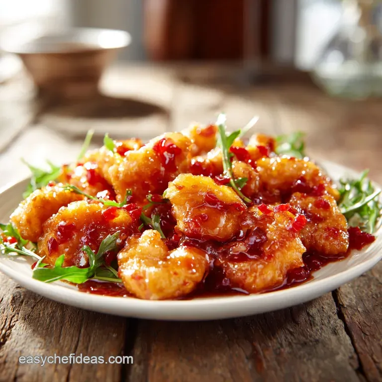 Glossy sweet and sour sauce drizzled artfully over crispy fried chicken, garnished with green onions and sesame seeds on a...