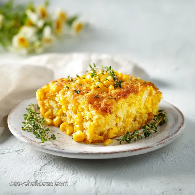 A spoonful of creamy sweet corn casserole, showcasing the golden corn kernels and subtle textures. Fresh parsley adds a po...
