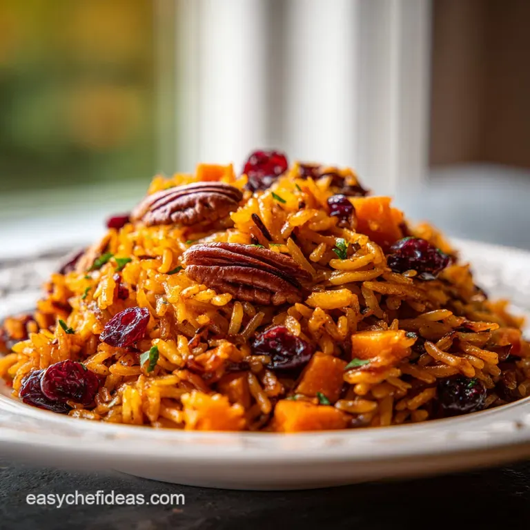 A vibrant serving of wild rice pilaf featuring jewel-toned cranberries, golden pecans, and soft sweet potato.