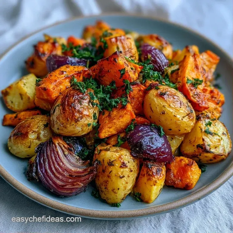 Vibrant orange and golden potato cubes piled high on a ceramic platter, garnished with sprigs of fresh rosemary.