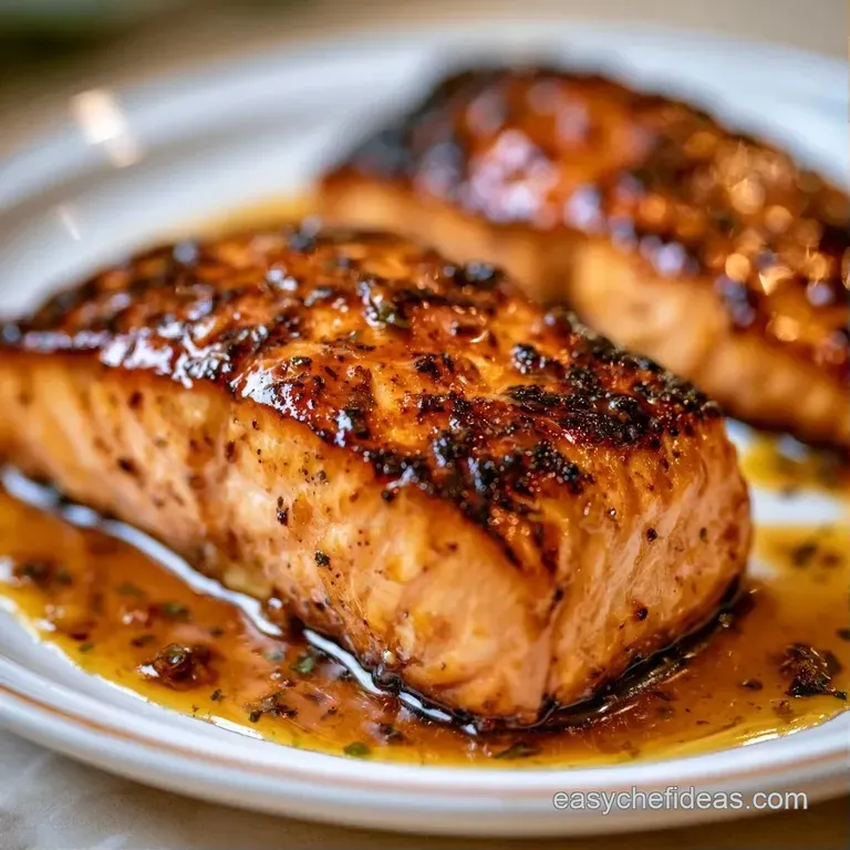 Seared salmon fillet resting on a bed of saut&eacute;ed spinach with a drizzle of glossy sauce on a modern white plate.