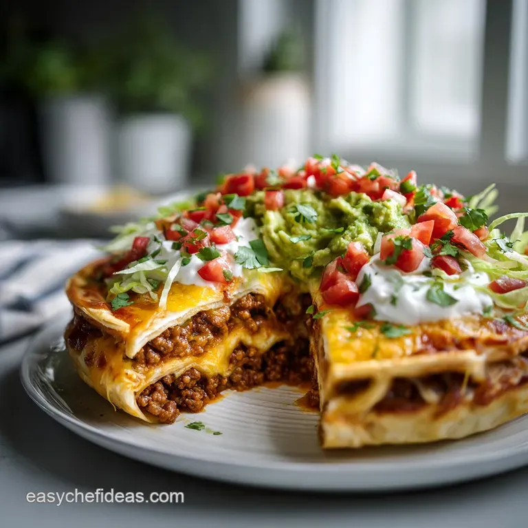 A generous slice of taco bake, showcasing layers of seasoned ground beef, soft tortillas, and melted cheese. Garnished wit...