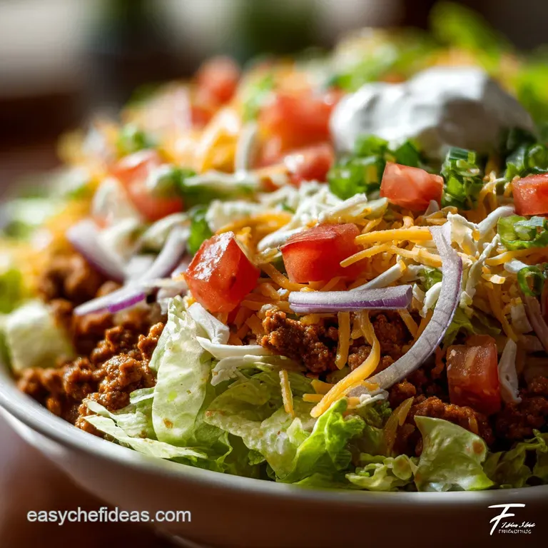Taco salad beautifully arranged. Beef is topped with shredded cheese, chopped tomato, and dollops of cool sour cream again...