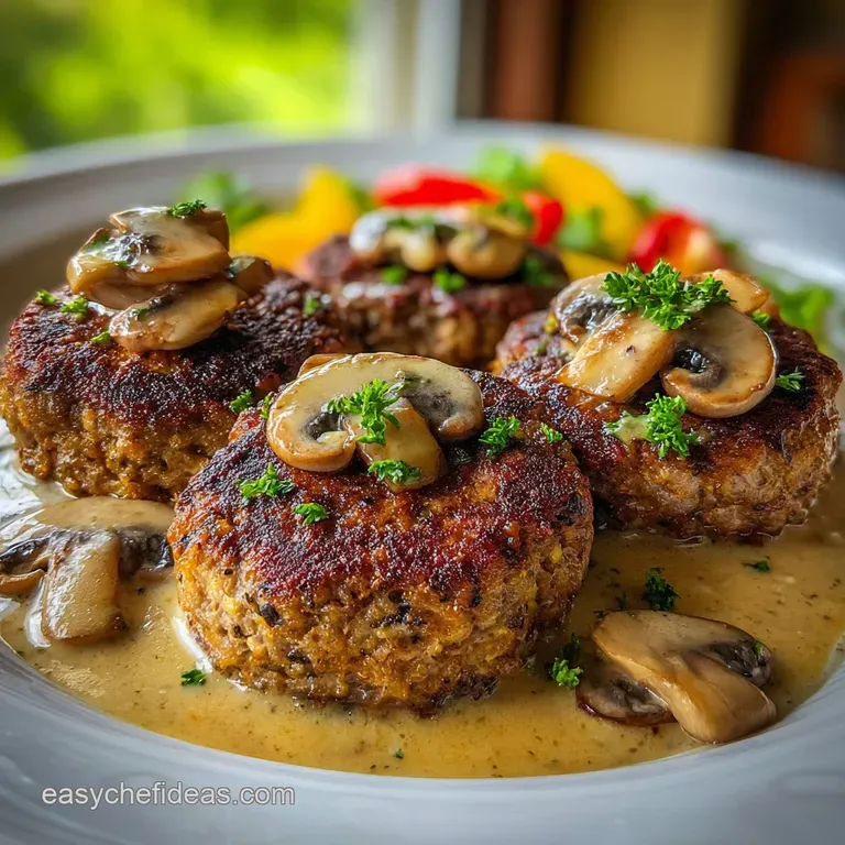 Mince meat patty drizzled with creamy mushroom sauce, beside vibrant greens and mashed potatoes. Comfort food elevated.