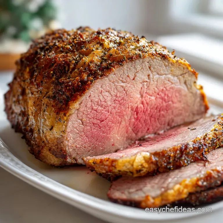 Slices of tender roast beef elegantly fanned on a white plate. Garnished with vibrant rosemary sprigs and a drizzle of ric...