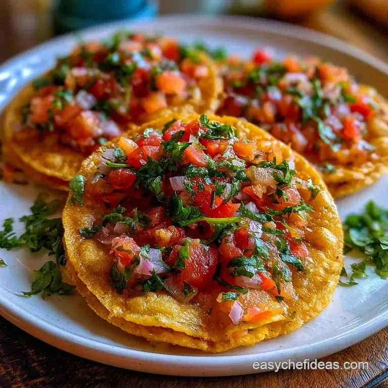 Three crunchy tostadas arranged on a white ceramic platter with fresh lime wedges and scattered cilantro leaves.