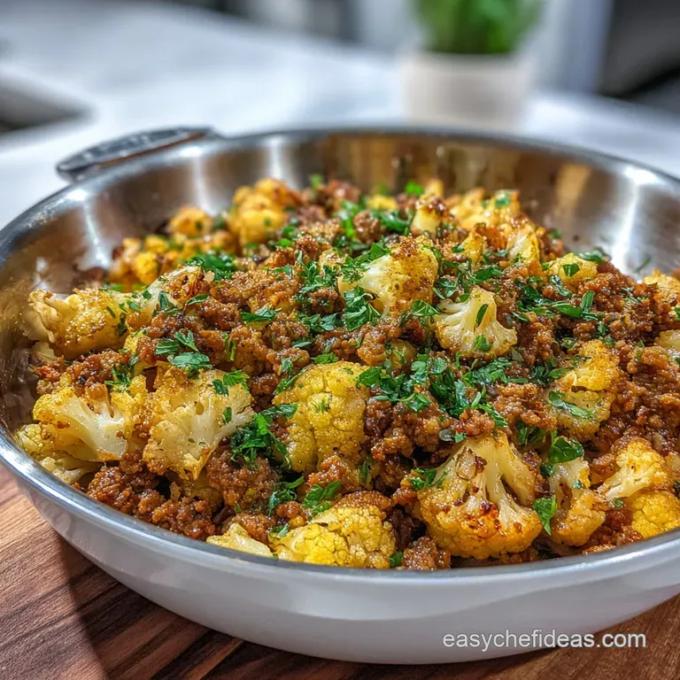 Close up of ground turkey and cauliflower skillet, presented in a bowl with a bright green herb sprig. Warm, rustic, and a...