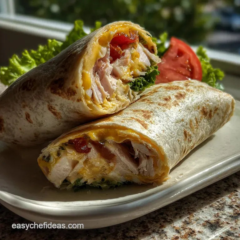 Stacked turkey and cheese wraps, cut to show the layers, next to a side of bright green grapes and crisp orange carrots.