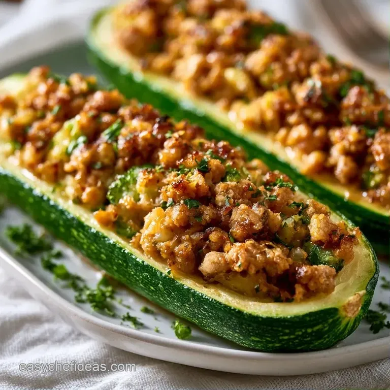 Two hollowed green squash shells filled with seasoned ground turkey and melted cheese on a clean white plate
