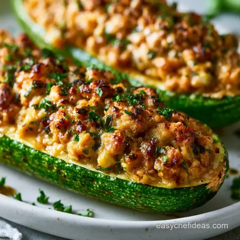 Two roasted zucchini halves filled with seasoned meat and cheese, served on a slate board with lemon wedges.