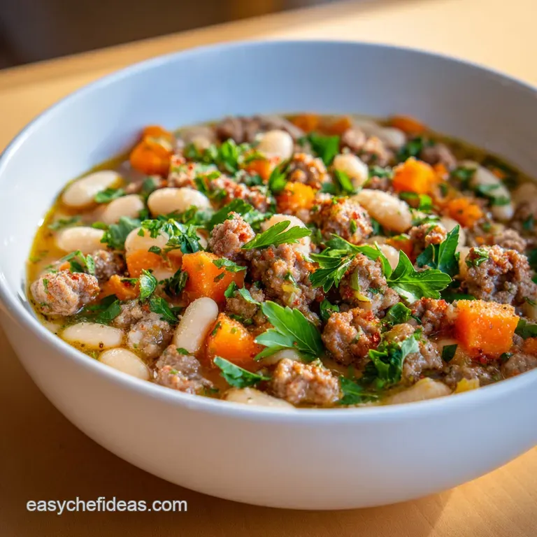 A rustic ceramic bowl of creamy white soup with green kale and browned meat, served with toasted sourdough bread.