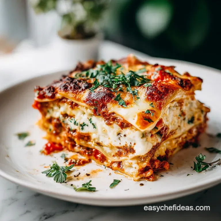Lasagna slice showcasing layers of pasta, vibrant tomato sauce, and creamy white cheese, sprinkled with fresh herbs on a w...