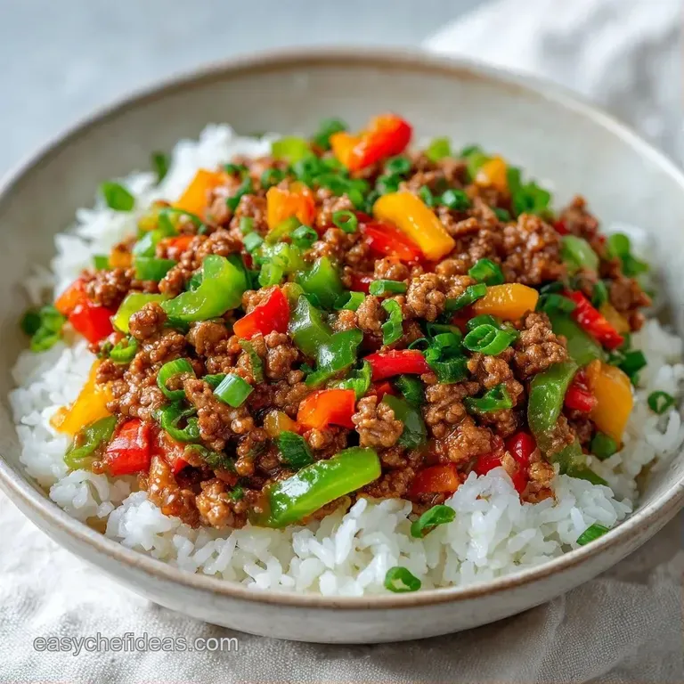 Colorful dice of red and green peppers mixed with savory beef and rice, topped with bubbly melted golden cheese.