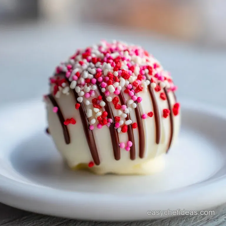 Elegant Valentine cake pops displayed in a glass jar. Each treat decorated with pink drizzle and a delicate heart.