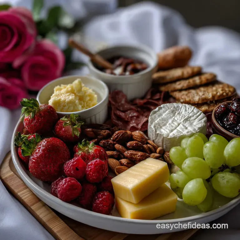 Elegant charcuterie board showcasing heart-shaped cheeses, ruby-red strawberries, and rich dark chocolates ready to serve.