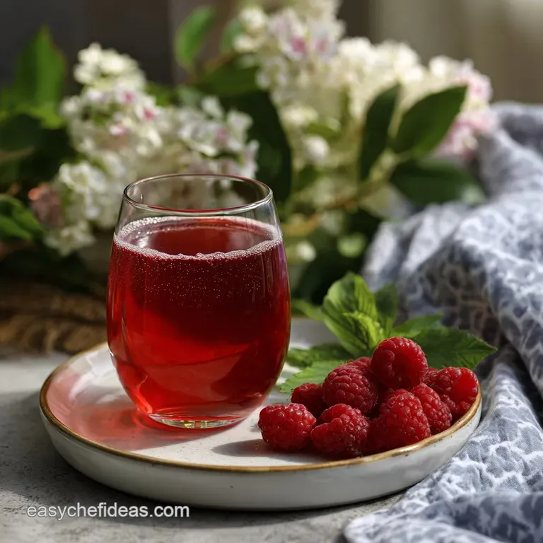 Elegant mocktail with a raspberry garnish, served on a reflective surface. Soft lighting highlights the drink's rosy color...