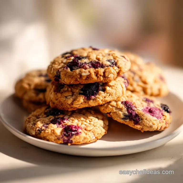 A stack of soft, oat-based cookies topped with a drizzle of maple syrup and fresh blueberries on a white plate.