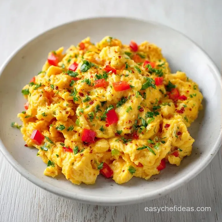 Vibrant scrambled eggs mixed with colorful bell peppers, garnished with fresh parsley on a slate gray platter.