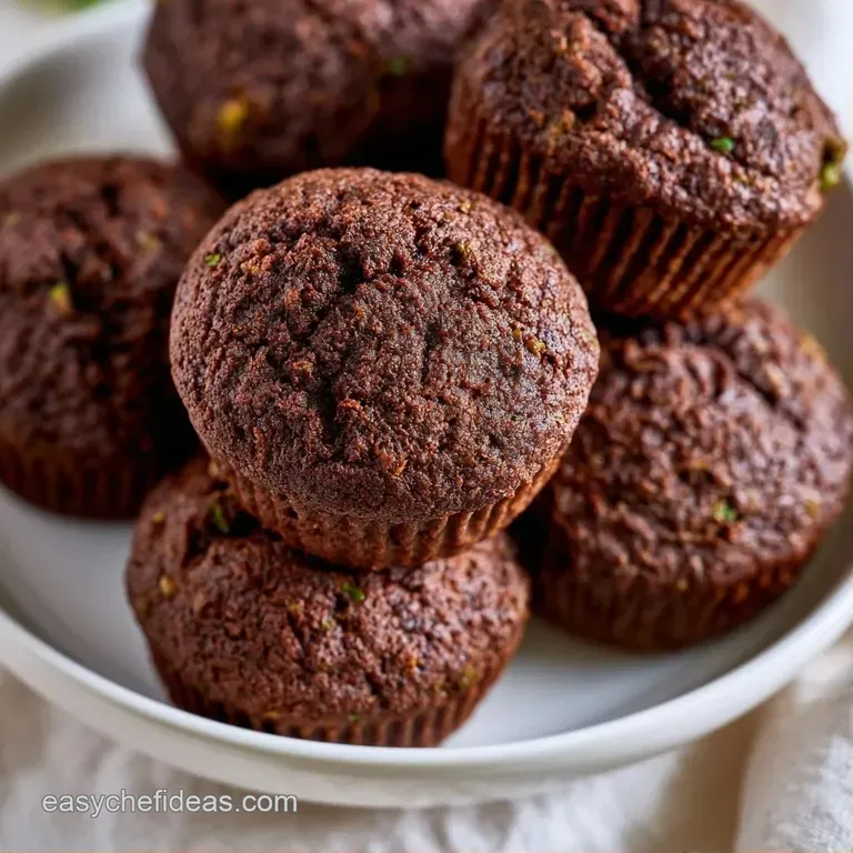 Deep cocoa-colored muffins stacked on a white ceramic plate, garnished with a dusting of powdered sugar and mint.