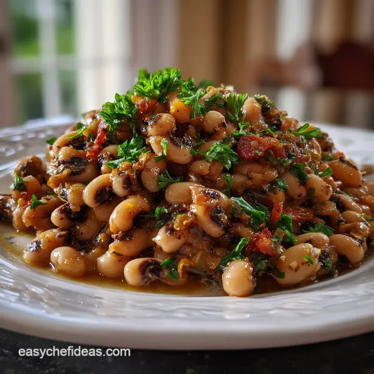 Creamy black-eyed peas artfully plated with a swirl of broth, vibrant green parsley, and a crispy, golden cornbread crouton.