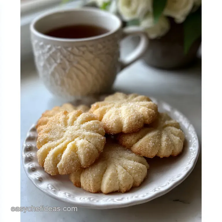 Stack of delicate butter cookies, served on a patterned plate. Hints of sugar shimmer in the light, inviting a delicious b...