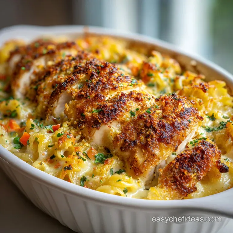 Creamy chicken casserole served in a white bowl; steam rising. Garnished with fresh parsley, inviting and warm on a cool day.