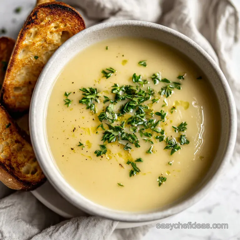 A smooth, rich potato soup is elegantly drizzled with olive oil and garnished with fresh herbs.
