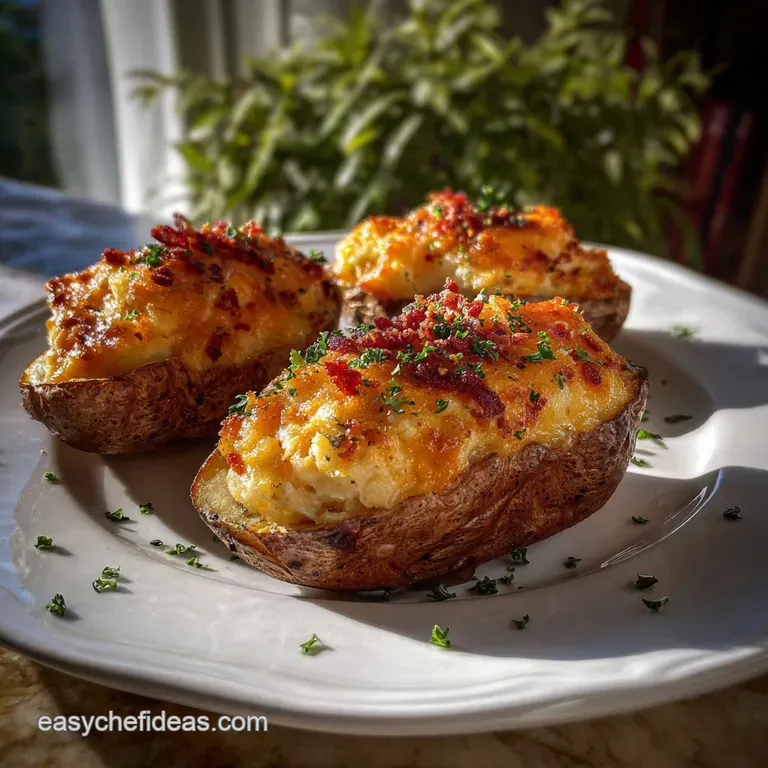 Elegant plate featuring a twice-baked potato half. The fluffy, seasoned potato filling spills slightly, contrasting with t...