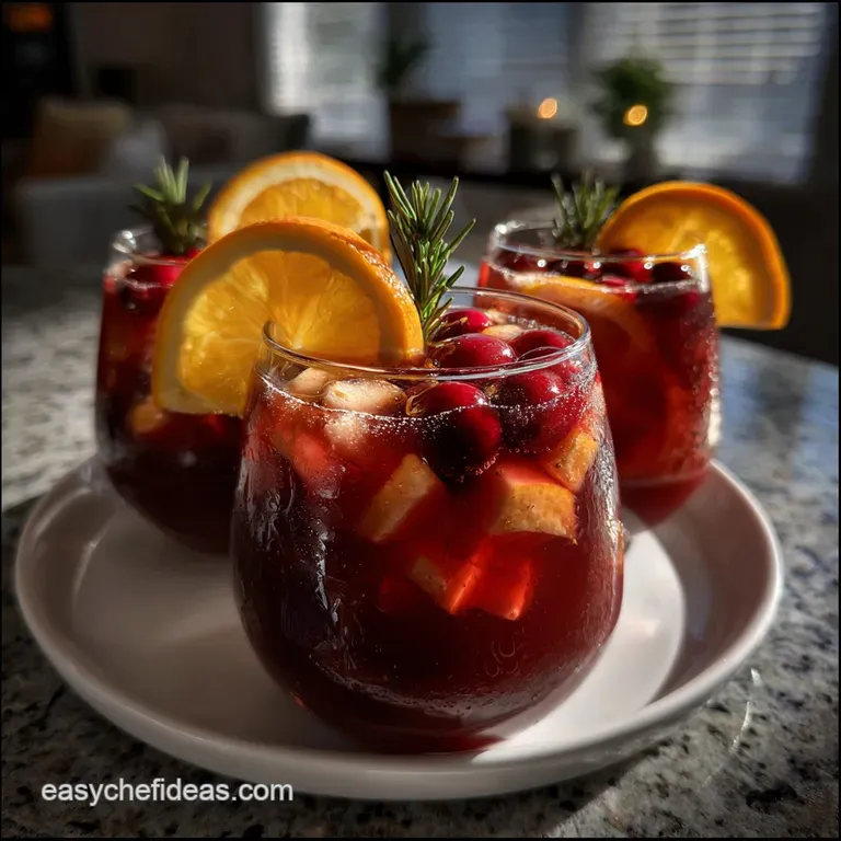 Elegant stemmed glasses filled with a vibrant red punch. Garnished with sugared cranberries and a cinnamon stick for a fes...