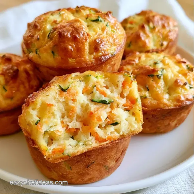 Three moist vegetable muffins stacked on a white ceramic plate beside a steaming cup of black coffee.